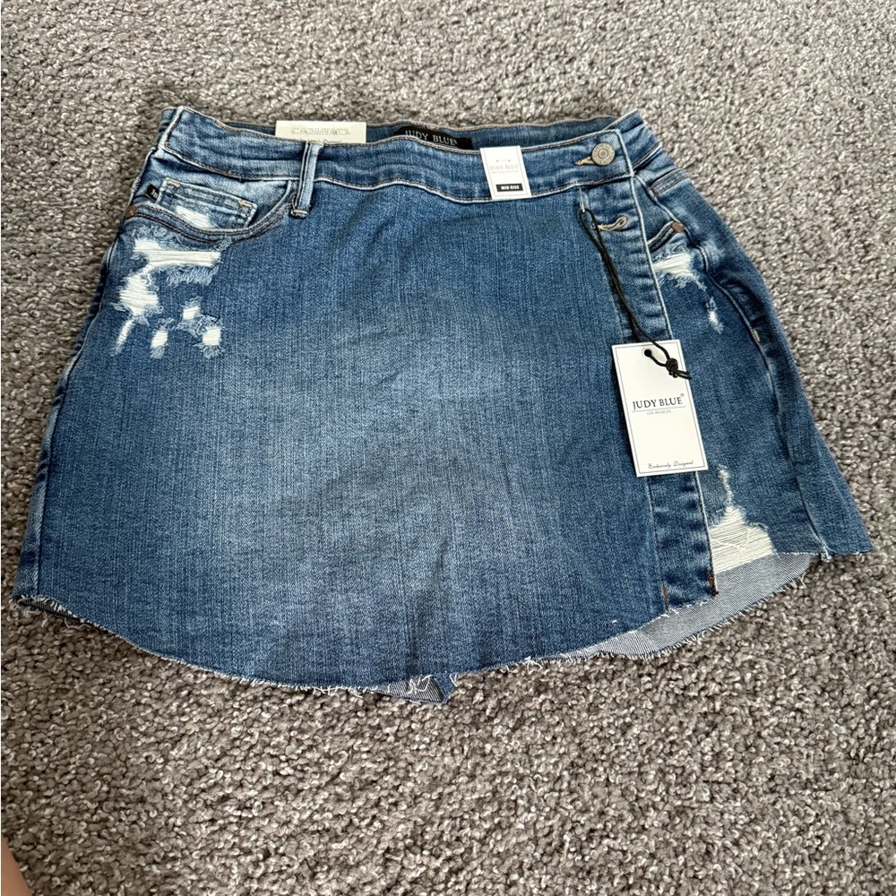 Judy Blue Sally Mid Rise Overlapping Distressed Denim Skort